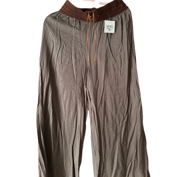 Pants - Brown boho Wide-Leg Pants with self belted Waist cotton and acetate